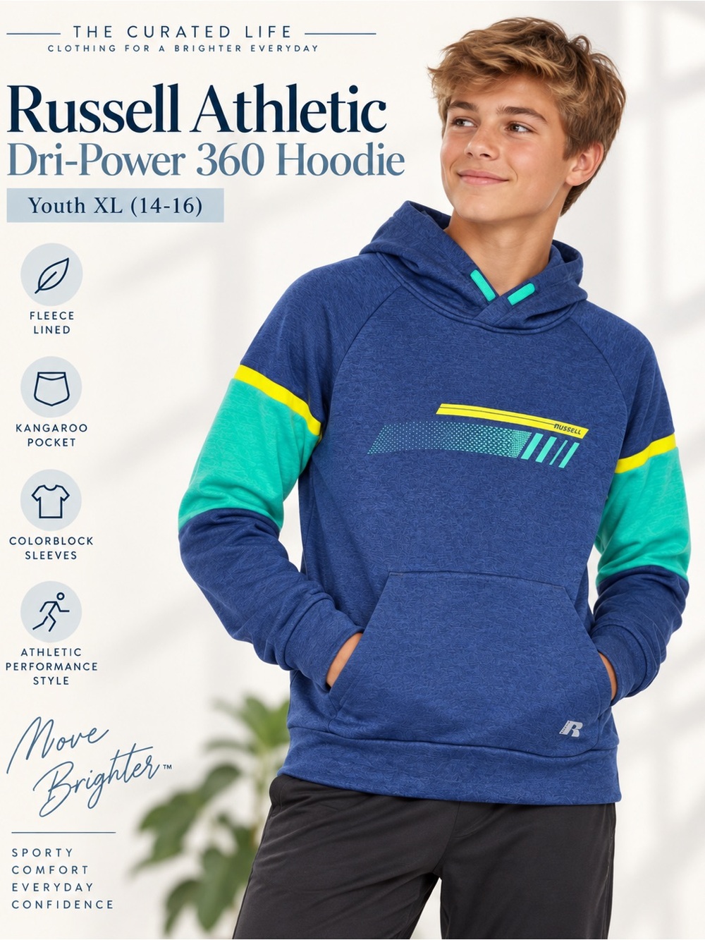 Russell Athletic Youth Blue Hoodie with Teal and Yellow Accents